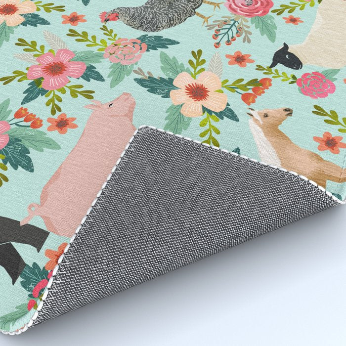 Farm animal sanctuary pig chicken cows horses sheep floral pattern gifts Rug Gallery Image 4