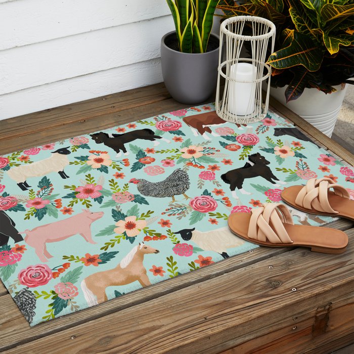 Farm animal sanctuary pig chicken cows horses sheep floral pattern gifts Outdoor Rug Gallery Image 2