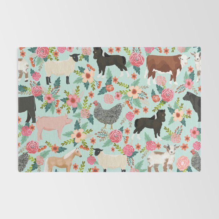 Farm animal sanctuary pig chicken cows horses sheep floral pattern gifts Rug Gallery Image 2