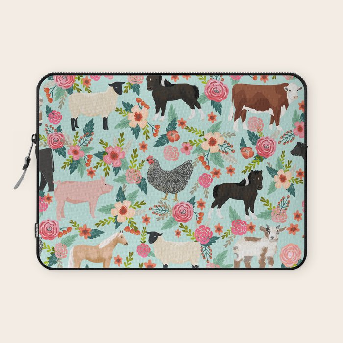 Farm animal sanctuary pig chicken cows horses sheep floral pattern gifts Laptop Sleeve Gallery Image 1