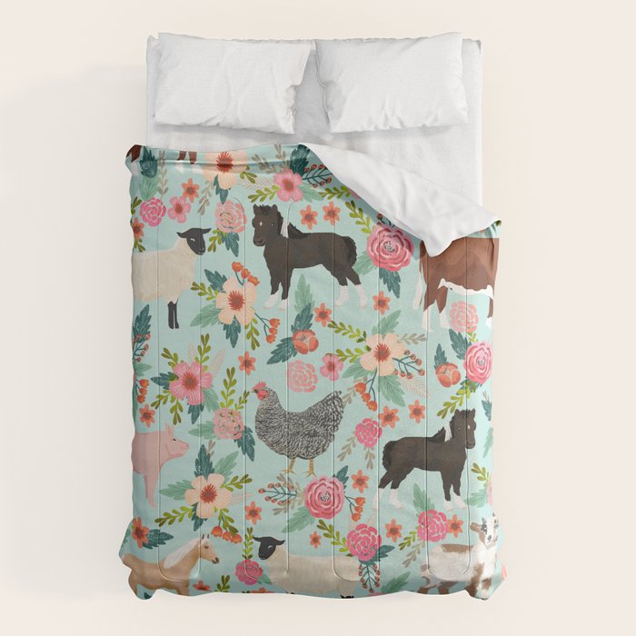 Farm animal sanctuary pig chicken cows horses sheep floral pattern gifts Comforter Gallery Image 6