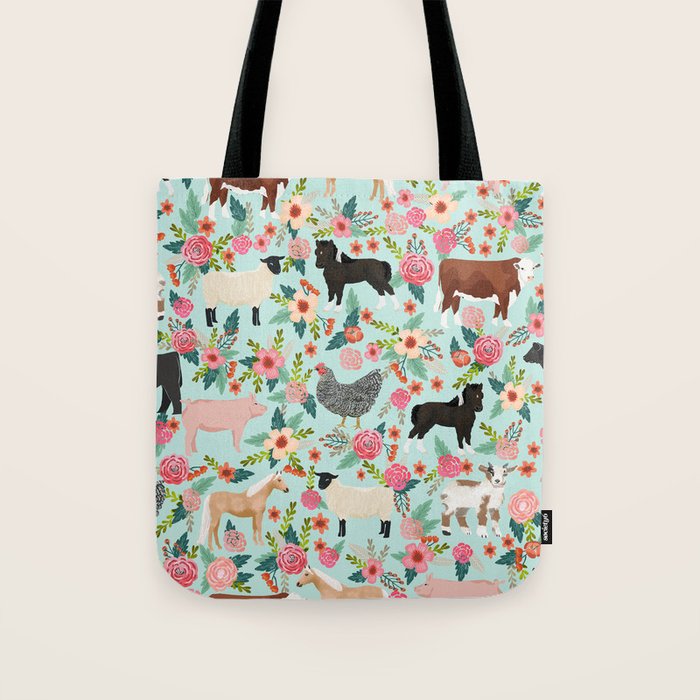 Farm animal sanctuary pig chicken cows horses sheep floral pattern gifts Tote Bag Gallery Image 1