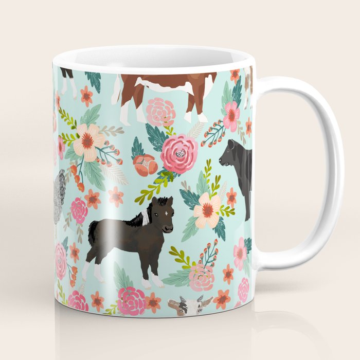Farm animal sanctuary pig chicken cows horses sheep floral pattern gifts Coffee Mug Gallery Image 1