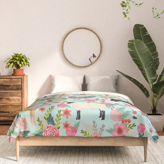Farm animal sanctuary pig chicken cows horses sheep floral pattern gifts Comforter Gallery Image 3