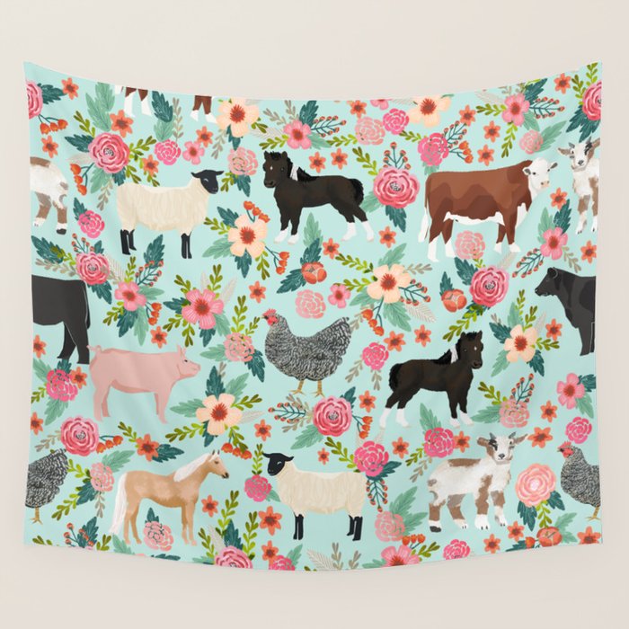 Farm animal sanctuary pig chicken cows horses sheep floral pattern gifts Wall Tapestry Gallery Image 4