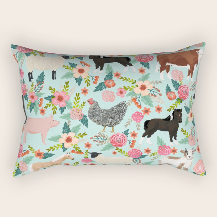 Farm animal sanctuary pig chicken cows horses sheep floral pattern gifts Rectangular Pillow Gallery Image 1