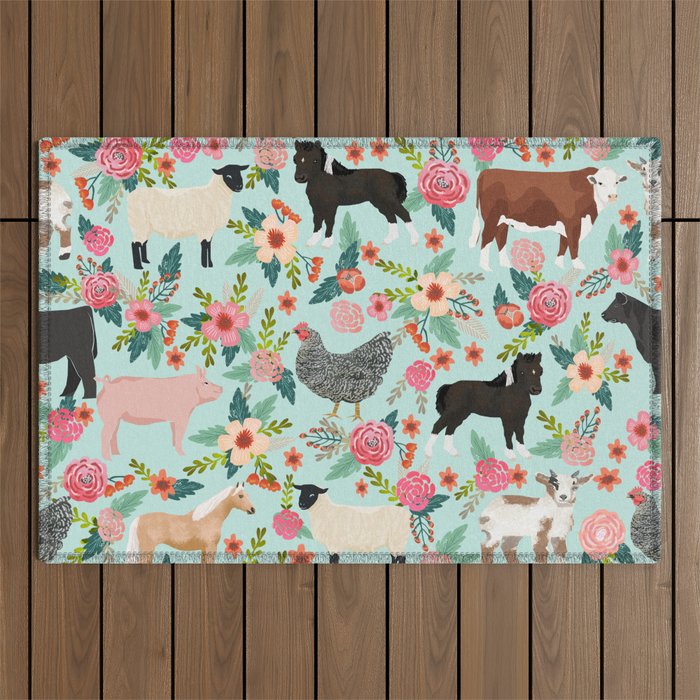 Farm animal sanctuary pig chicken cows horses sheep floral pattern gifts Outdoor Rug Gallery Image 1