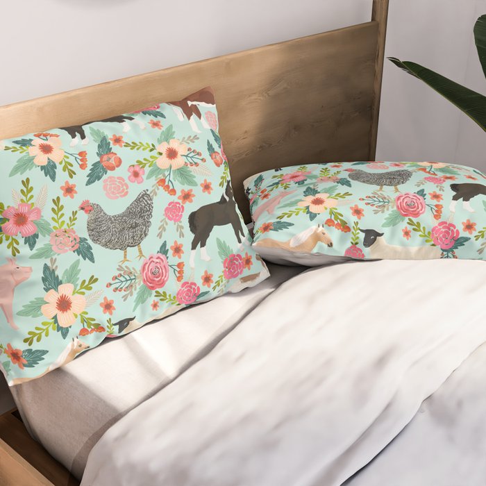 Farm animal sanctuary pig chicken cows horses sheep floral pattern gifts Pillow Sham Gallery Image 2