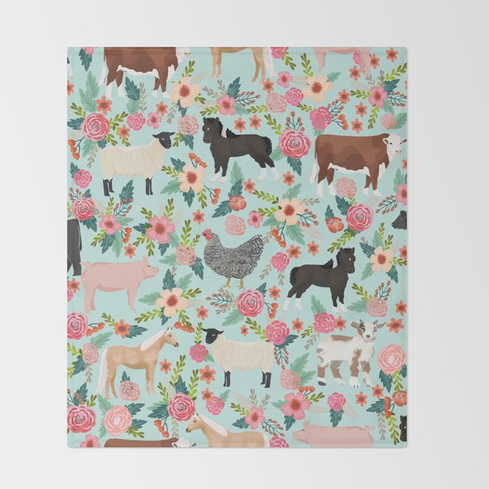 Farm animal sanctuary pig chicken cows horses sheep floral pattern gifts Throw Blanket Gallery Image 2