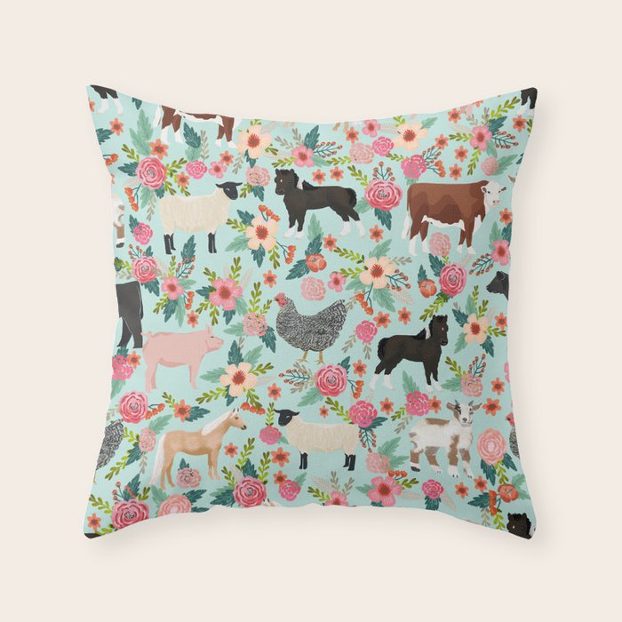 Farm animal sanctuary pig chicken cows horses sheep floral pattern gifts Throw Pillow Gallery Image 6