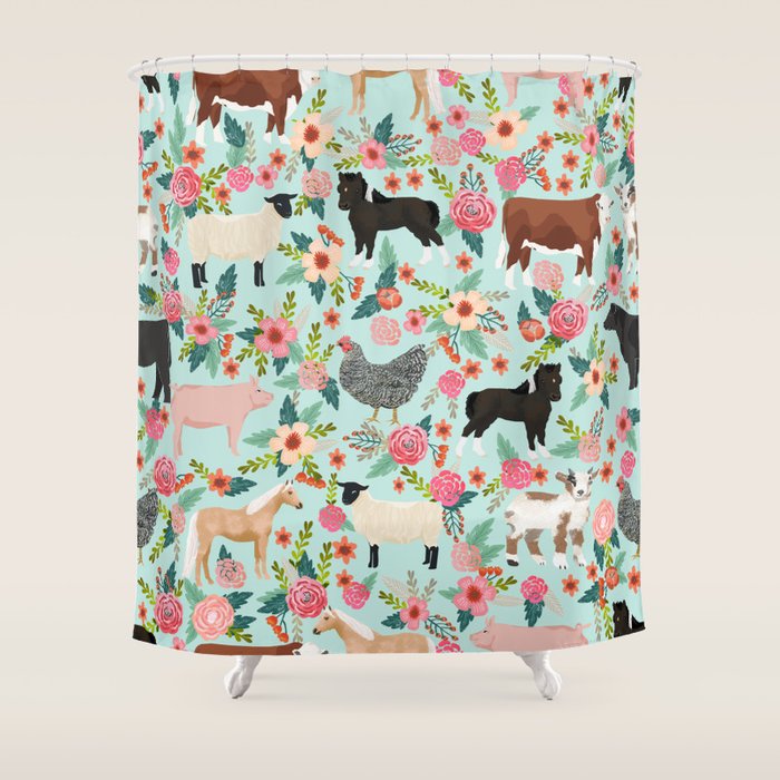 Farm animal sanctuary pig chicken cows horses sheep floral pattern gifts Shower Curtain Gallery Image 1