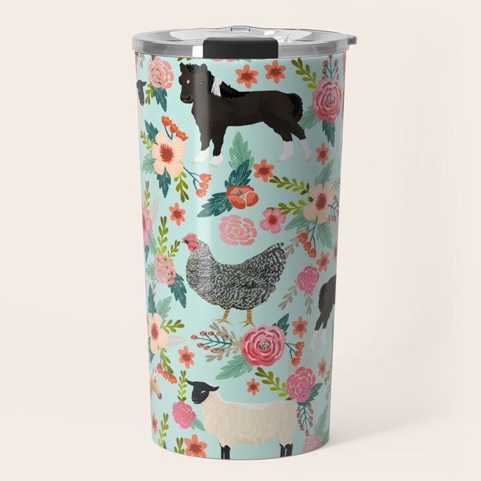 Farm animal sanctuary pig chicken cows horses sheep floral pattern gifts Travel Mug Gallery Image 1