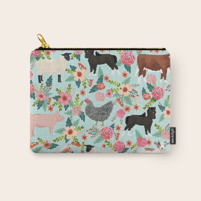 Farm animal sanctuary pig chicken cows horses sheep floral pattern gifts Carry All Pouch Gallery Image 1