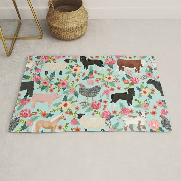 Farm animal sanctuary pig chicken cows horses sheep floral pattern gifts Rug Gallery Image 1