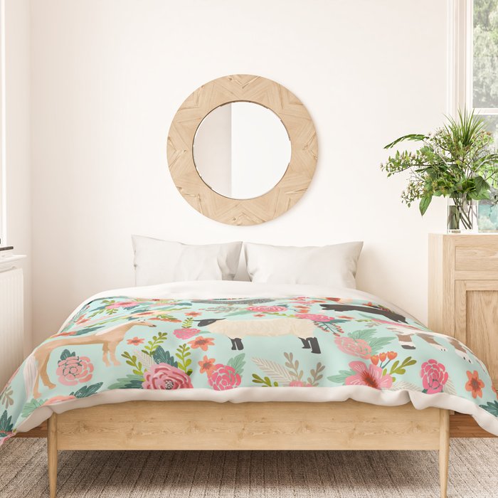 Farm animal sanctuary pig chicken cows horses sheep floral pattern gifts Duvet Cover Gallery Image 3