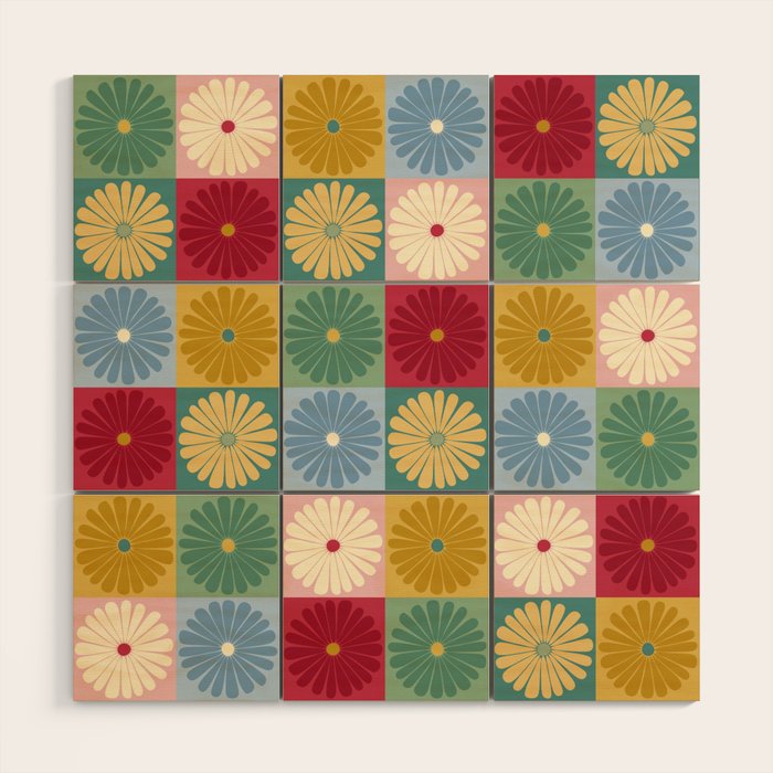 Retro Flowers Check Pattern XX Wood Wall Art Gallery Image 1