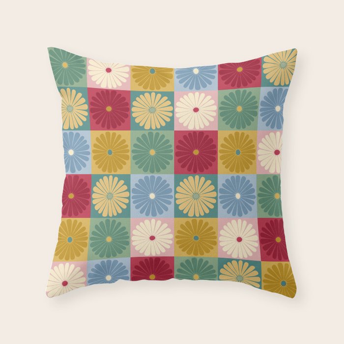 Retro Flowers Check Pattern XX Throw Pillow Gallery Image 6