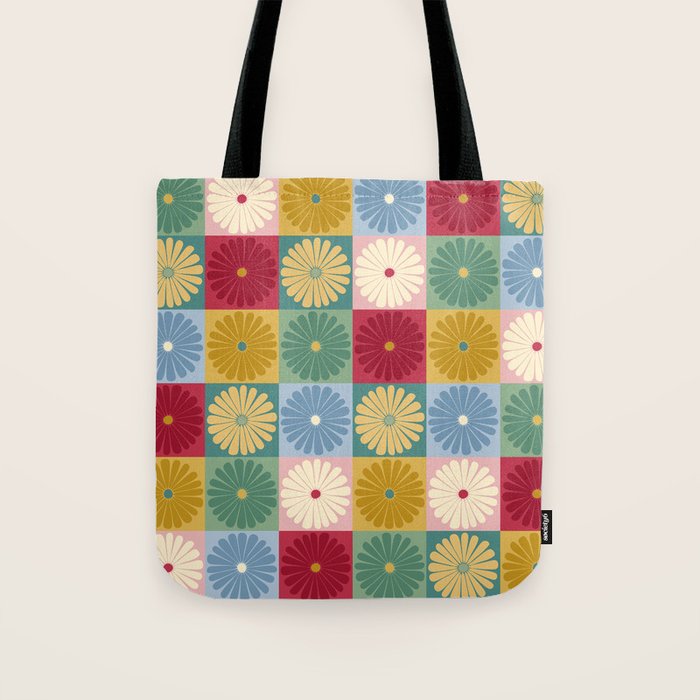 Retro Flowers Check Pattern XX Tote Bag Gallery Image 1