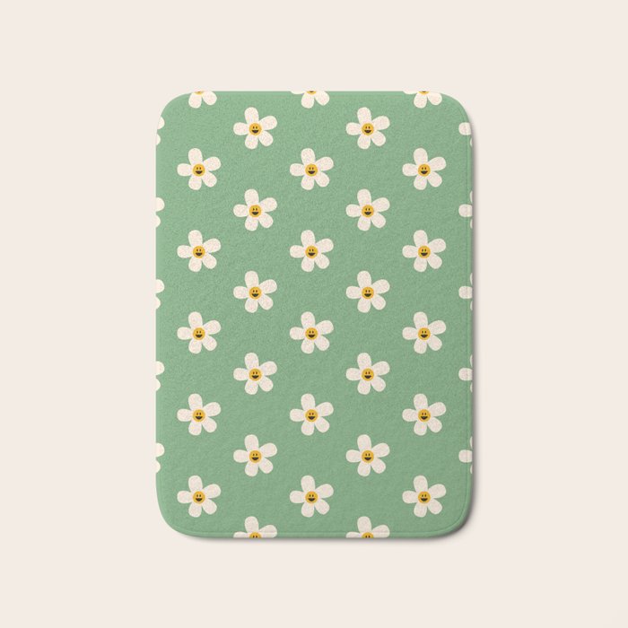 Retro Happy Daisy Flower in Green Bath Mat Gallery Image 1