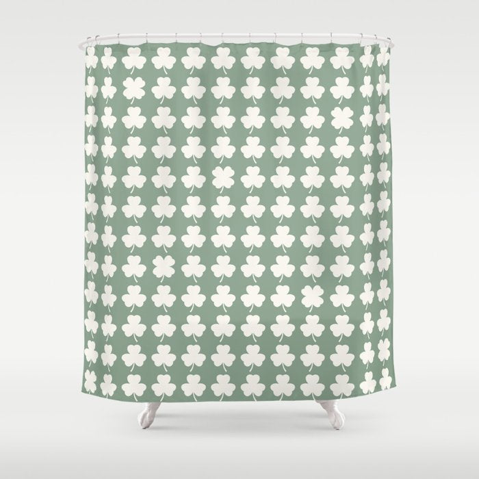 Clovers XXXVII Sage Green Botanical Pattern Shower Curtain Gallery Image 1