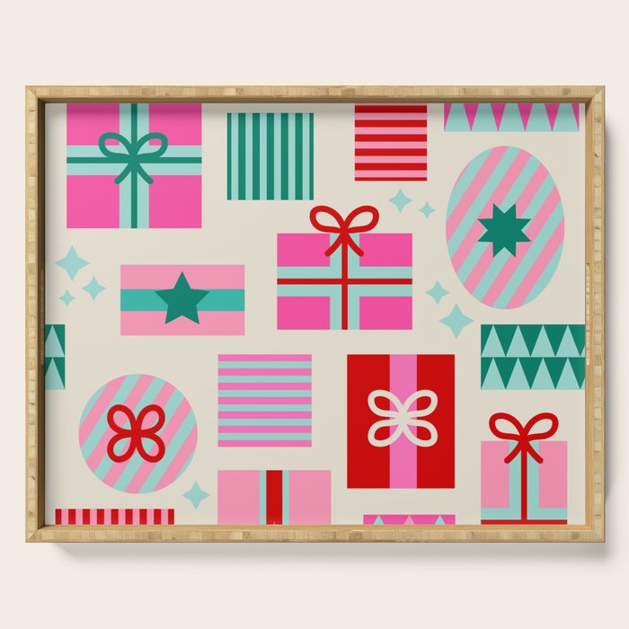 Retro Geometric Christmas Gift pattern on Cream Serving Tray Gallery Image 1