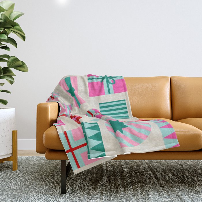 Retro Geometric Christmas Gift pattern on Cream Throw Blanket Gallery Image 1