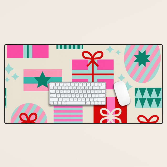 Retro Geometric Christmas Gift pattern on Cream Desk Mat Gallery Image 1