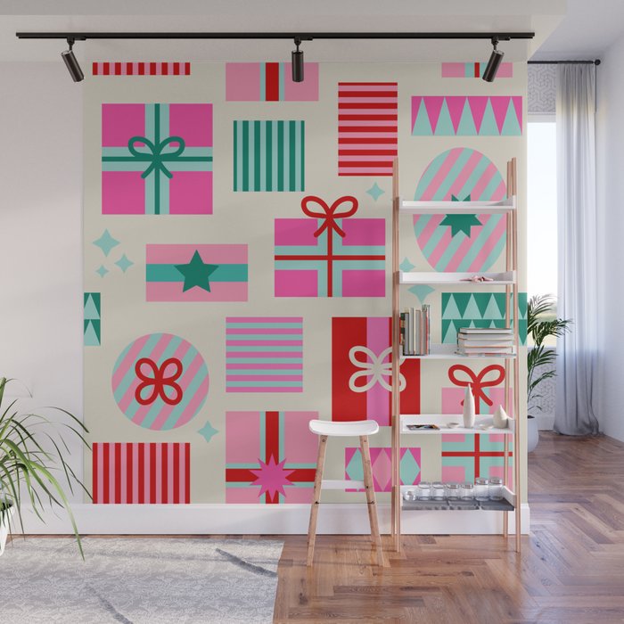 Retro Geometric Christmas Gift pattern on Cream Wall Mural Gallery Image 1