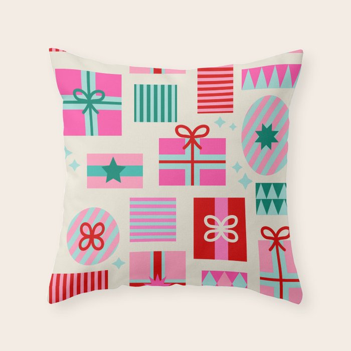 Retro Geometric Christmas Gift pattern on Cream Throw Pillow Gallery Image 6
