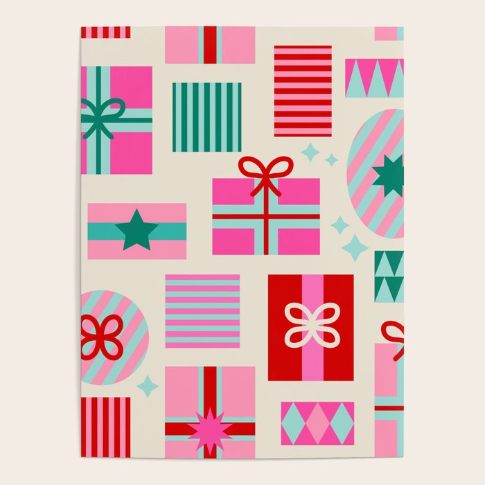 Retro Geometric Christmas Gift pattern on Cream Poster Gallery Image 4