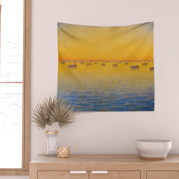 Classical Masterpiece 'Setting Sun and Boats' by Paul Signac Wall Tapestry Gallery Image 2
