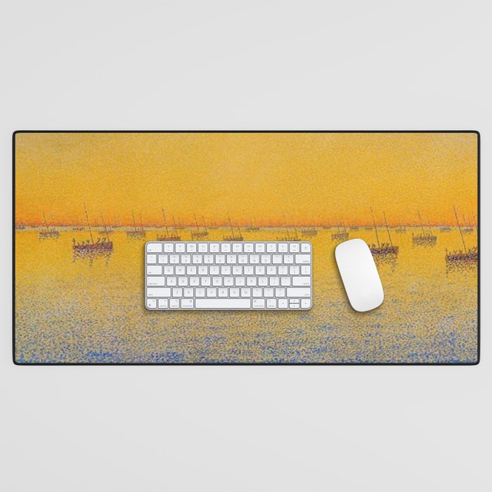 Classical Masterpiece 'Setting Sun and Boats' by Paul Signac Desk Mat Gallery Image 1
