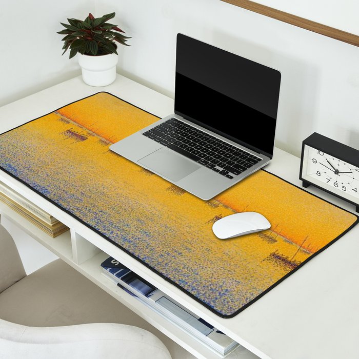 Classical Masterpiece 'Setting Sun and Boats' by Paul Signac Desk Mat Gallery Image 2