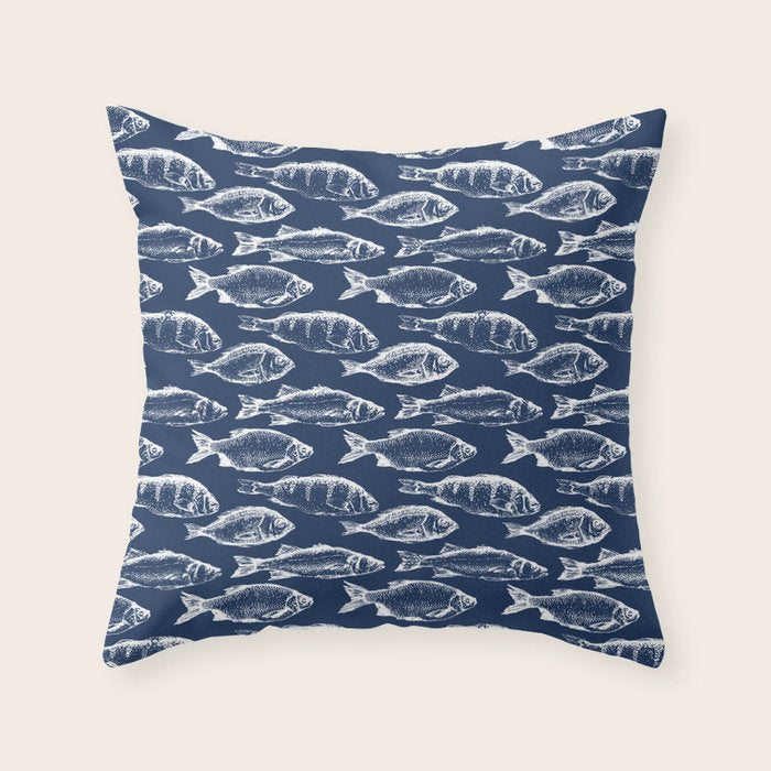 Fish // Navy Blue Throw Pillow Gallery Image 1