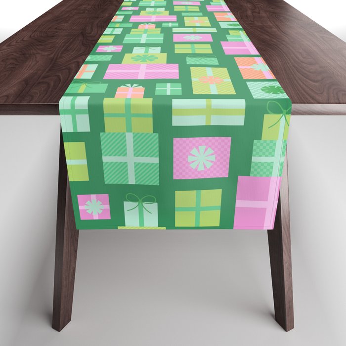 Retro Christmas Presents - Multi on Green Table Runner Gallery Image 1