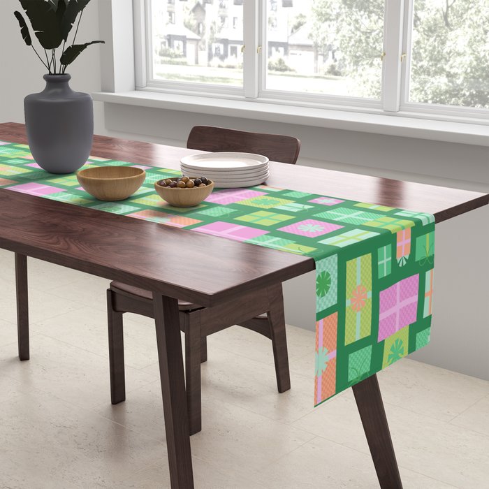 Retro Christmas Presents - Multi on Green Table Runner Gallery Image 2
