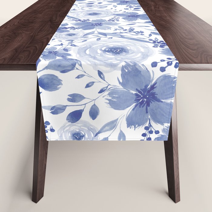 Blue and White Watercolor Florals Table Runner Gallery Image 1