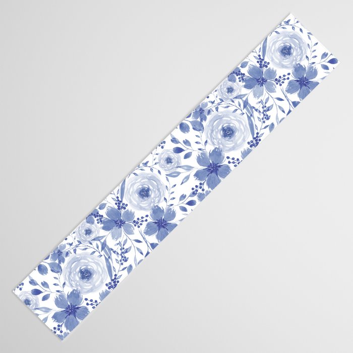 Blue and White Watercolor Florals Table Runner Gallery Image 3