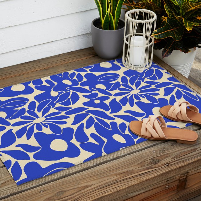 Abstract vintage blue flower art pattern Outdoor Rug Gallery Image 2