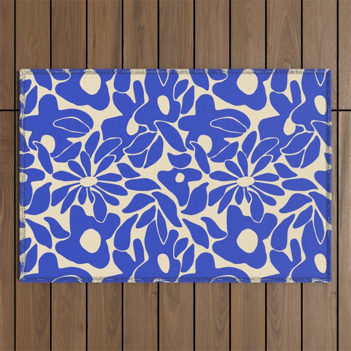 Abstract vintage blue flower art pattern Outdoor Rug Gallery Image 1