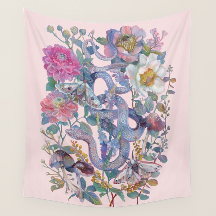 Pink Floral Garden Snake Wall Tapestry Gallery Image 1