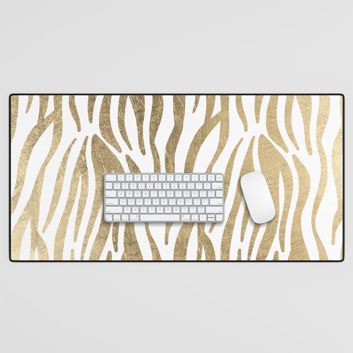 Chic faux gold white modern zebra animal print pattern Desk Mat Gallery Image 1