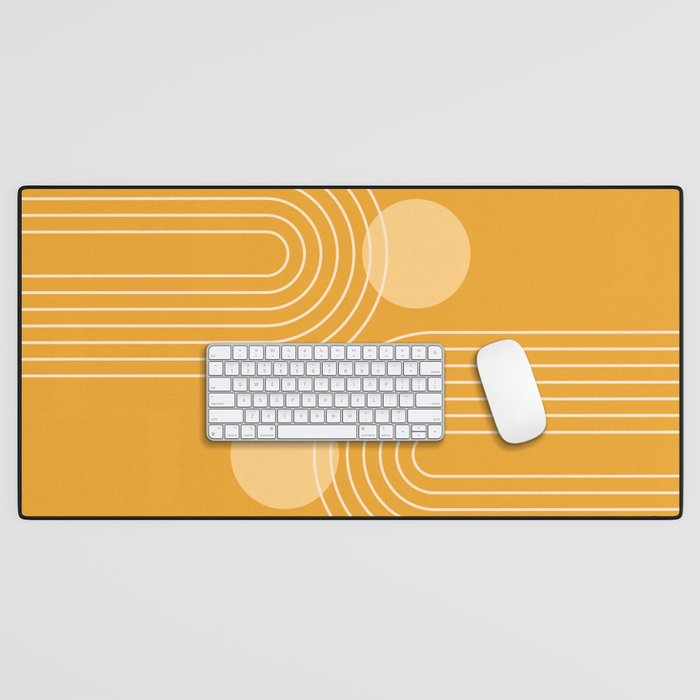 Mid Century Modern Geometric 118 in Yellow Gold Shades (Rainbow and Sun Abstraction) Desk Mat Gallery Image 1