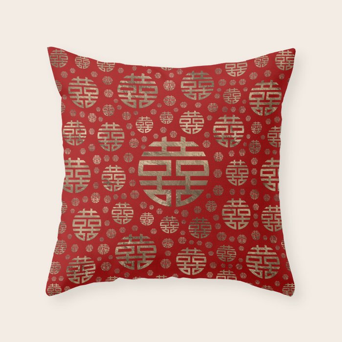 Double Happiness Symbol pattern - Gold on red Throw Pillow Gallery Image 6