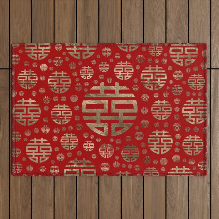 Double Happiness Symbol pattern - Gold on red Outdoor Rug Gallery Image 1