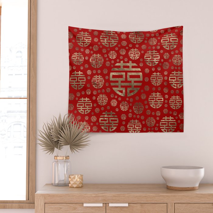 Double Happiness Symbol pattern - Gold on red Wall Tapestry Gallery Image 2