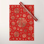 Double Happiness Symbol pattern - Gold on red Wrapping Paper Gallery Image 1