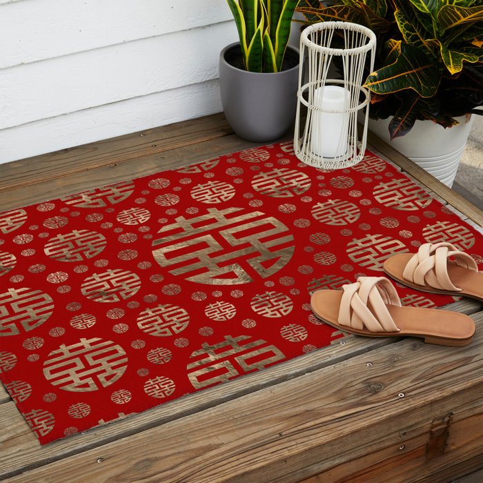 Double Happiness Symbol pattern - Gold on red Outdoor Rug Gallery Image 2