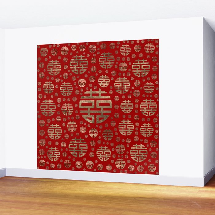 Double Happiness Symbol pattern - Gold on red Wall Mural Gallery Image 2