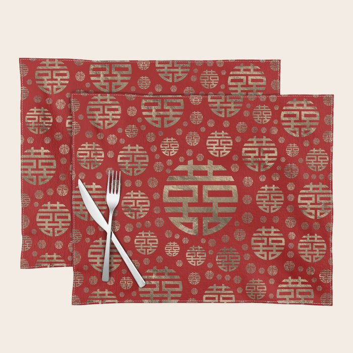 Double Happiness Symbol pattern - Gold on red Placemat Gallery Image 1